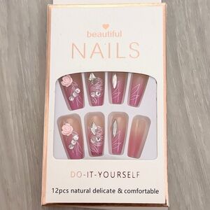 Pink Floral Rhinestone Press-On Nails Set • 12pc Long Coffin Shape • New
